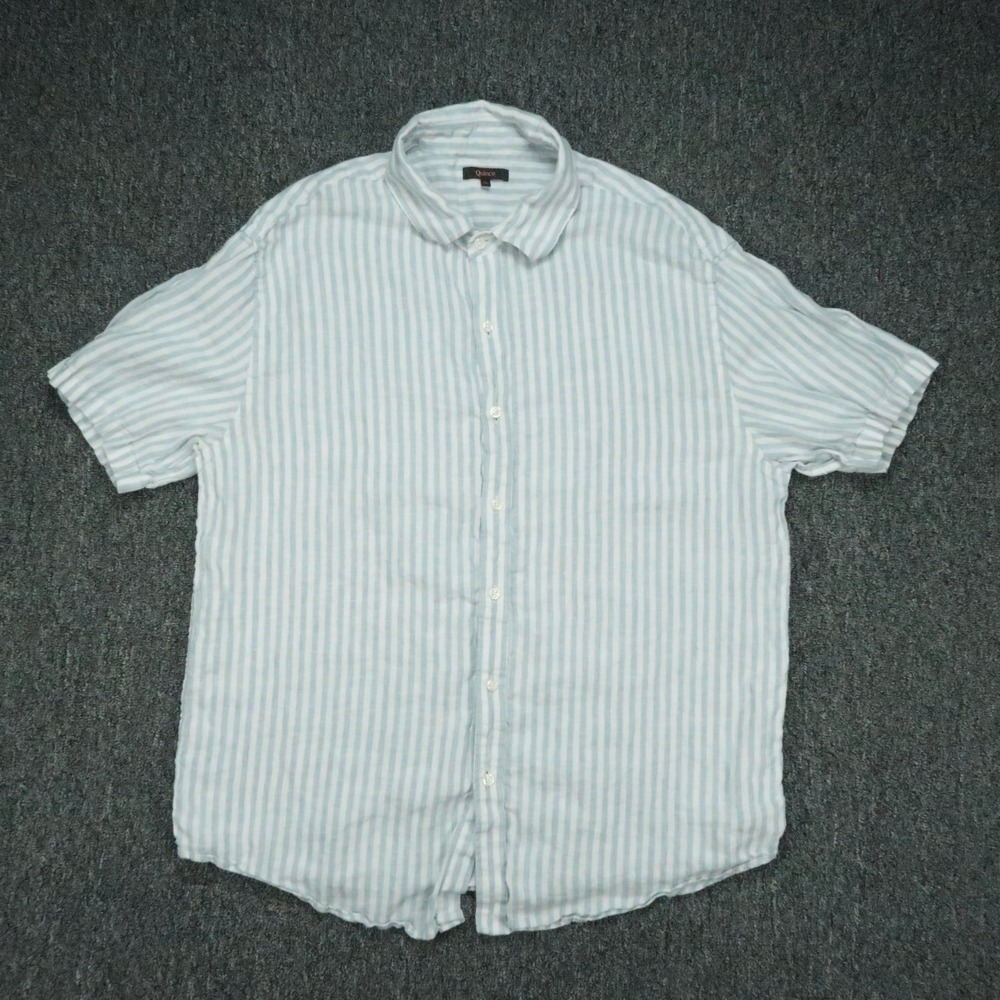 Quince Shirt Mens XL Blue White Linen Striped Short Sleeve Button Up